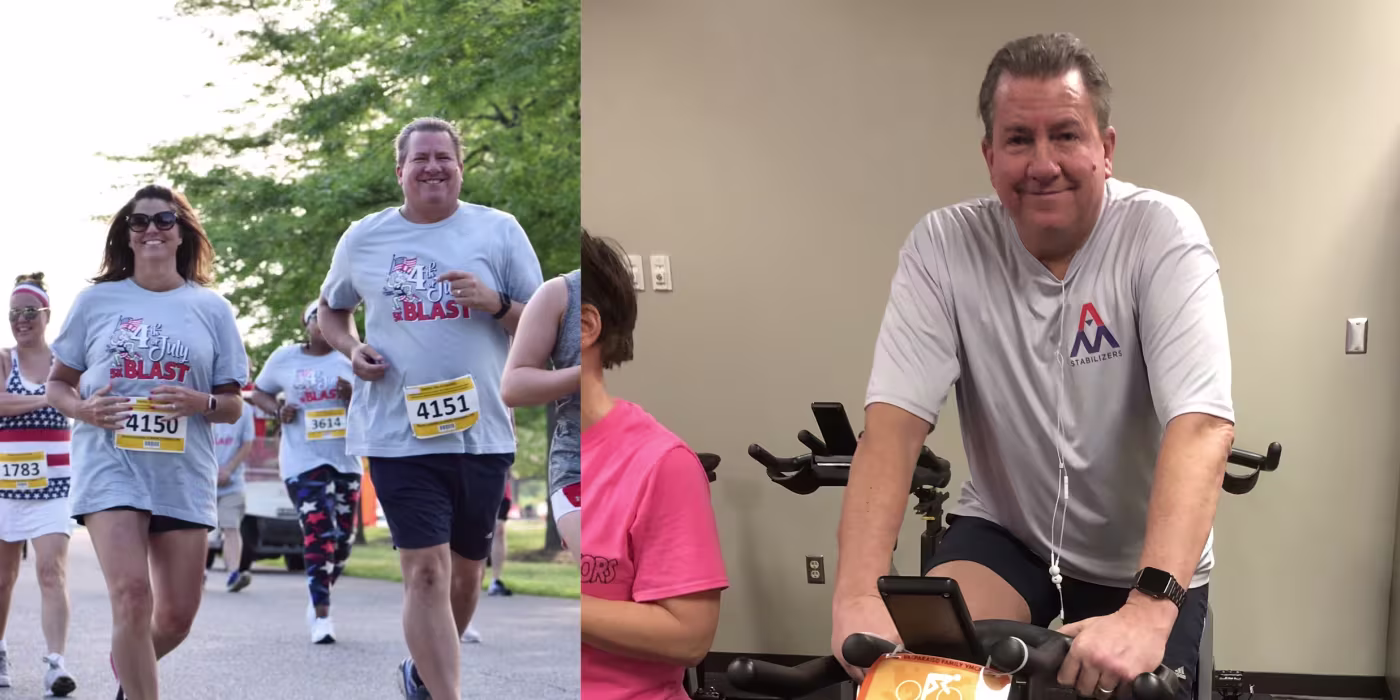Photo of AMS Staff participating in a running race, beside a photo of AMS staff performing health screenings.
