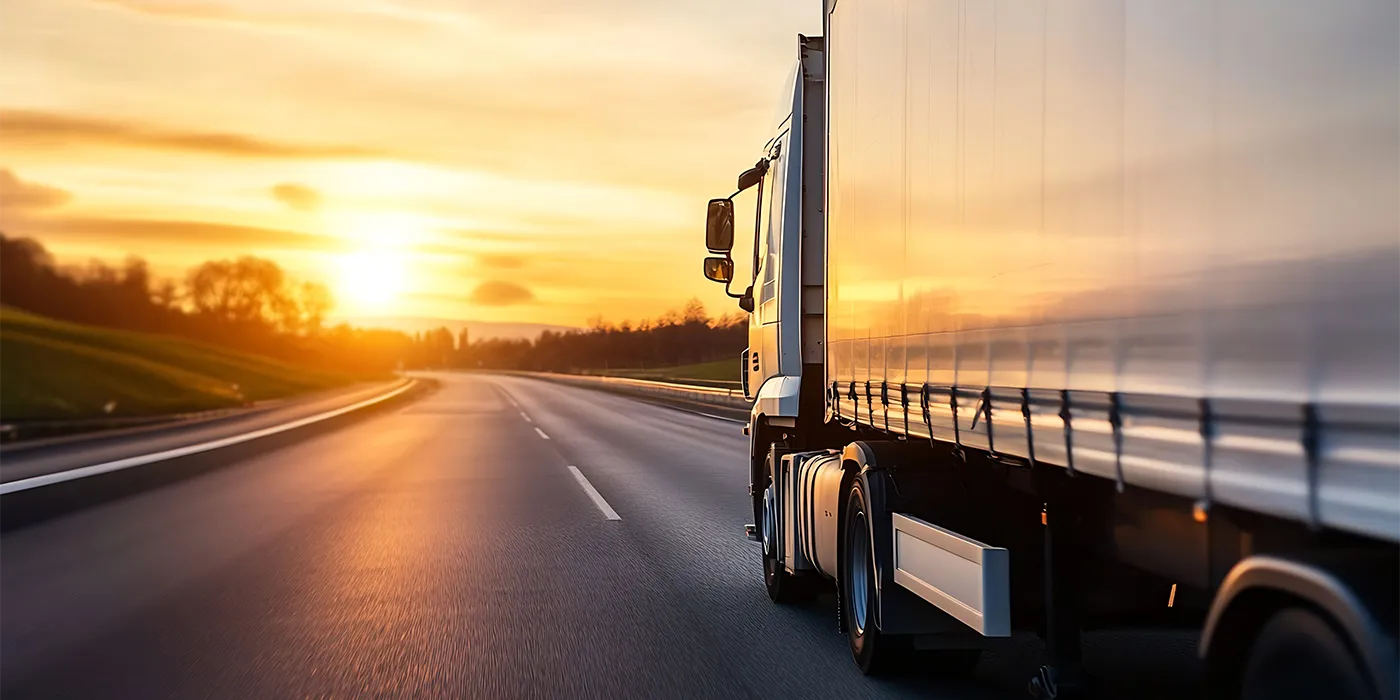 A transport truck driving down a highway